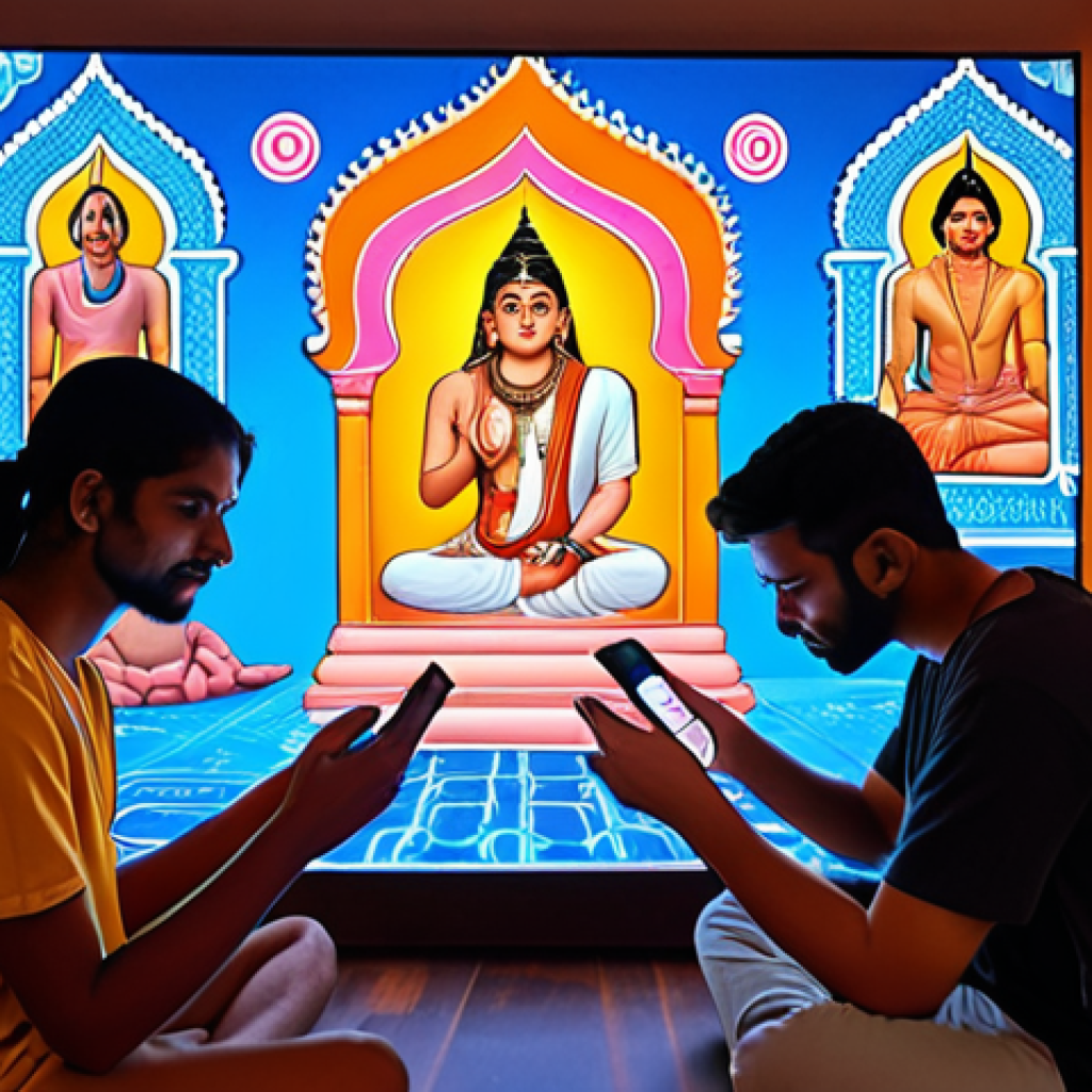 **Prompt:** A diverse group of young adults, immersed in the glow of digital screens (smartphones, tablets, laptops), are discovering ancient Hindu symbols and wisdom, subtly integrated into modern social media interfaces like TikTok or Instagram. The scene should evoke a "virtual temple" where traditional Indian motifs blend seamlessly with contemporary digital elements, showcasing how online platforms become conduits for spiritual exploration. The mood is curious and reflective, with a touch of ethereal light.