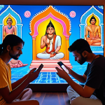 **Prompt:** A diverse group of young adults, immersed in the glow of digital screens (smartphones, tablets, laptops), are discovering ancient Hindu symbols and wisdom, subtly integrated into modern social media interfaces like TikTok or Instagram. The scene should evoke a "virtual temple" where traditional Indian motifs blend seamlessly with contemporary digital elements, showcasing how online platforms become conduits for spiritual exploration. The mood is curious and reflective, with a touch of ethereal light.