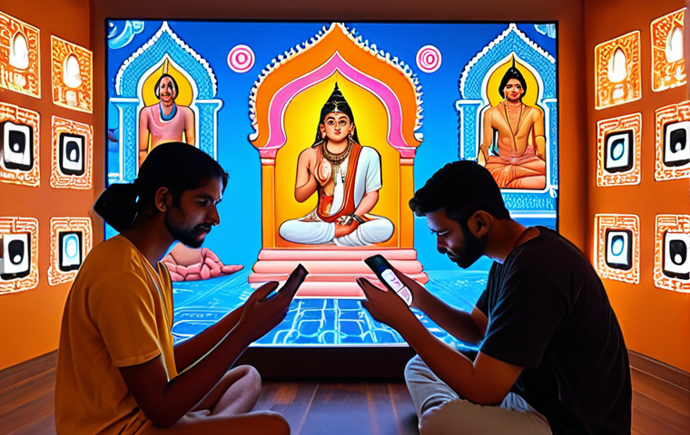 **Prompt:** A diverse group of young adults, immersed in the glow of digital screens (smartphones, tablets, laptops), are discovering ancient Hindu symbols and wisdom, subtly integrated into modern social media interfaces like TikTok or Instagram. The scene should evoke a "virtual temple" where traditional Indian motifs blend seamlessly with contemporary digital elements, showcasing how online platforms become conduits for spiritual exploration. The mood is curious and reflective, with a touch of ethereal light.