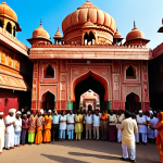 **Prompt:** A vibrant street scene in India. A Hindu temple, Islamic mosque, and Christian church stand side-by-side. People of different faiths celebrate a shared festival, like Diwali or Holi, with music, colors, and joyful expressions. Focus on the harmony and coexistence of diverse religious communities.
