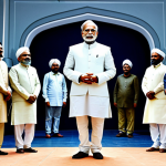 A professional Indian male politician, wearing a modest, tailored business suit, is depicted in a modern government chamber that subtly integrates traditional Indian motifs and artwork. He stands with a composed, thoughtful expression, engaged in a respectful dialogue with a group of diverse, well-dressed citizens. The scene illustrates the intricate dance between contemporary governance and the nation's spiritual heritage. Professional dress, fully clothed, appropriate attire, safe for work, perfect anatomy, correct proportions, natural pose, well-formed hands, proper finger count, natural body proportions, high-quality professional photography.