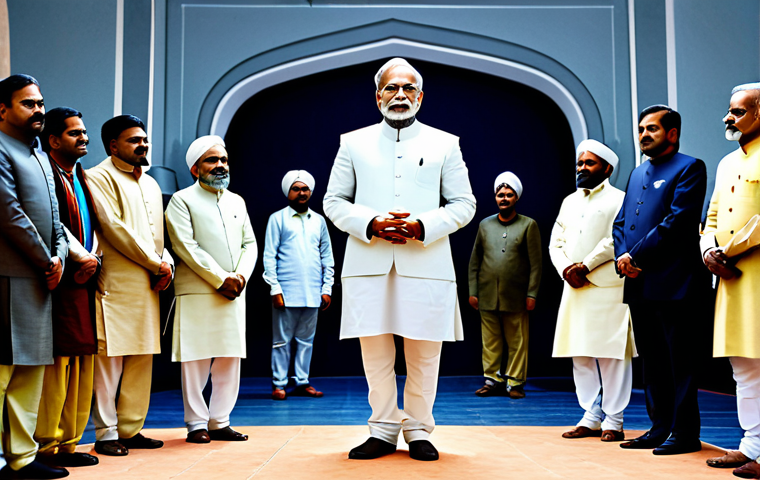 A professional Indian male politician, wearing a modest, tailored business suit, is depicted in a modern government chamber that subtly integrates traditional Indian motifs and artwork. He stands with a composed, thoughtful expression, engaged in a respectful dialogue with a group of diverse, well-dressed citizens. The scene illustrates the intricate dance between contemporary governance and the nation's spiritual heritage. Professional dress, fully clothed, appropriate attire, safe for work, perfect anatomy, correct proportions, natural pose, well-formed hands, proper finger count, natural body proportions, high-quality professional photography.