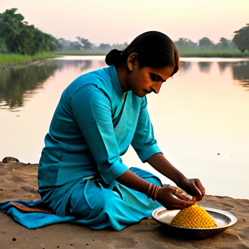 A devout individual, fully clothed in modest traditional Indian attire, performing a Hindu Shraddha ritual. The scene is set on the serene banks of a sacred river at sunrise, with soft, golden light illuminating the water and surrounding environment. Offerings of Pindas (rice balls), black sesame seeds, and fresh flowers are respectfully arranged on a clean cloth. The subject's expression is one of deep reverence and peaceful devotion. The image features perfect anatomy, correct proportions, natural pose, well-formed hands, and proper finger count, with natural body proportions. This is a professional photograph, high quality, safe for work, appropriate content, fully clothed, and family-friendly.