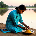 A devout individual, fully clothed in modest traditional Indian attire, performing a Hindu Shraddha ritual. The scene is set on the serene banks of a sacred river at sunrise, with soft, golden light illuminating the water and surrounding environment. Offerings of Pindas (rice balls), black sesame seeds, and fresh flowers are respectfully arranged on a clean cloth. The subject's expression is one of deep reverence and peaceful devotion. The image features perfect anatomy, correct proportions, natural pose, well-formed hands, and proper finger count, with natural body proportions. This is a professional photograph, high quality, safe for work, appropriate content, fully clothed, and family-friendly.
