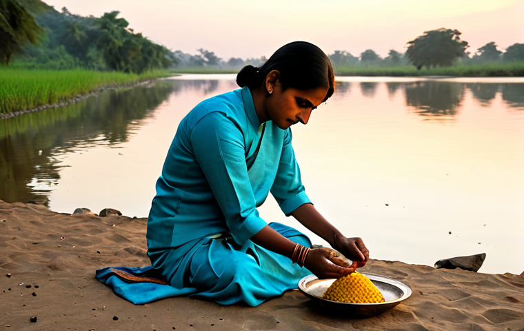 A devout individual, fully clothed in modest traditional Indian attire, performing a Hindu Shraddha ritual. The scene is set on the serene banks of a sacred river at sunrise, with soft, golden light illuminating the water and surrounding environment. Offerings of Pindas (rice balls), black sesame seeds, and fresh flowers are respectfully arranged on a clean cloth. The subject's expression is one of deep reverence and peaceful devotion. The image features perfect anatomy, correct proportions, natural pose, well-formed hands, and proper finger count, with natural body proportions. This is a professional photograph, high quality, safe for work, appropriate content, fully clothed, and family-friendly.