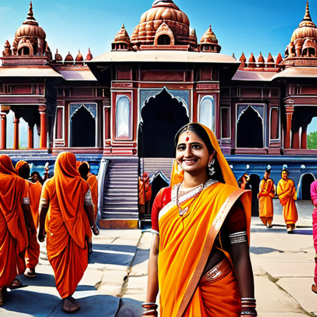 **
"A vibrant, colorful painting depicting a Hindu temple festival. Focus on the detailed architecture, the flowing garments of the participants (fully clothed, modest attire), and the expressions of devotion. Background: A lush Indian landscape. Safe for work, appropriate content, family-friendly, perfect anatomy, natural proportions, professional quality illustration."
**