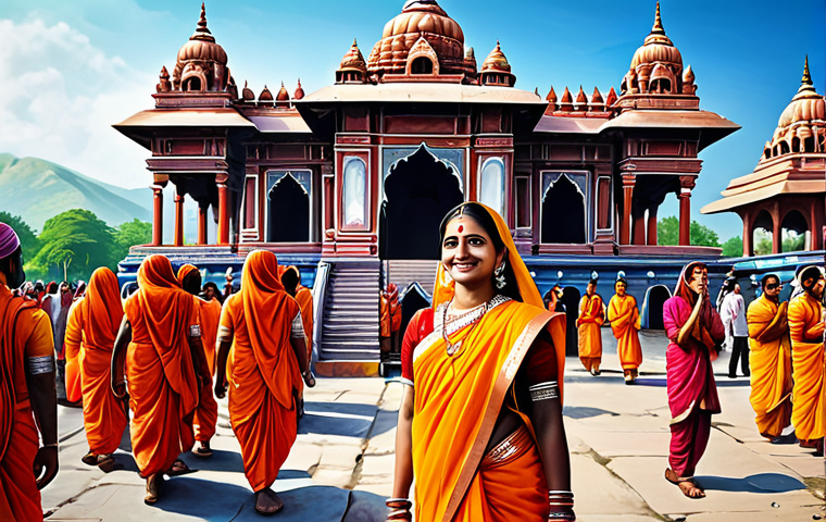 **

"A vibrant, colorful painting depicting a Hindu temple festival. Focus on the detailed architecture, the flowing garments of the participants (fully clothed, modest attire), and the expressions of devotion. Background: A lush Indian landscape. Safe for work, appropriate content, family-friendly, perfect anatomy, natural proportions, professional quality illustration."

**