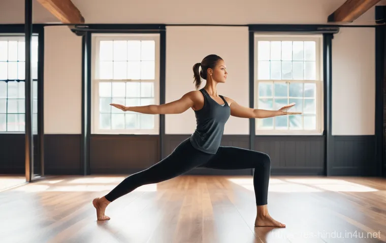 힌두교 철학 요가파 - **Serene Morning Hatha Yoga in a Natural Setting**
    "A peaceful scene of a woman, in her late 20s...
