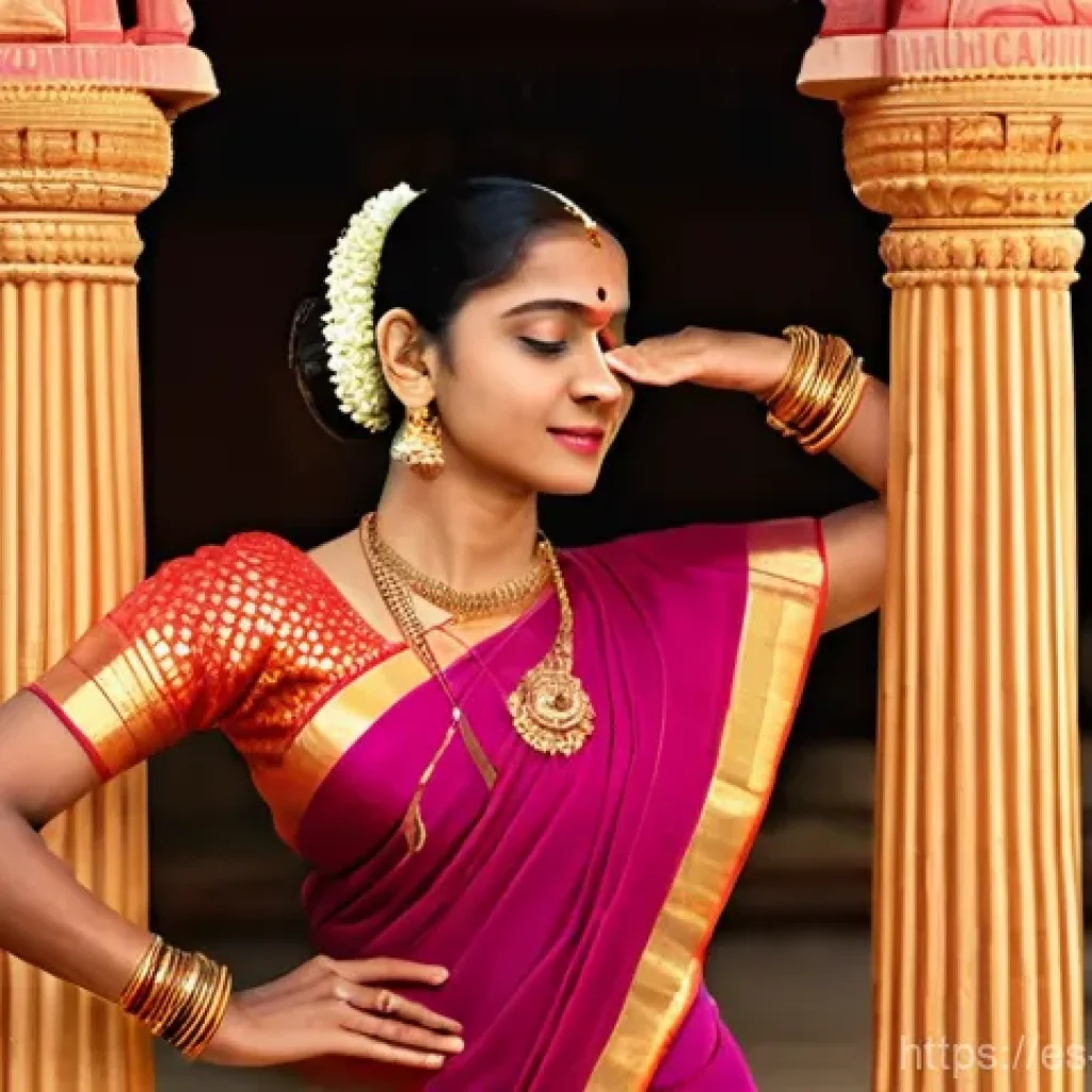 힌두교와 춤 치료 - **"Cosmic Dance of Devotion"**
A graceful female Bharatanatyam dancer, aged 20-30, stands elegan...