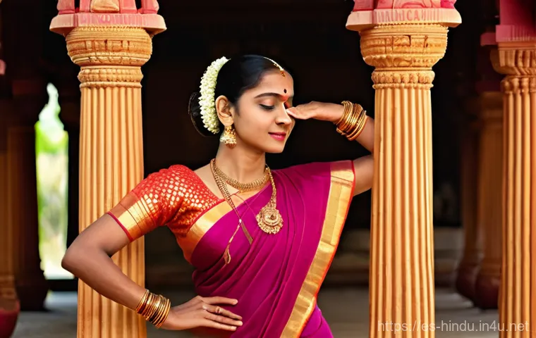 힌두교와 춤 치료 - **"Cosmic Dance of Devotion"**
    A graceful female Bharatanatyam dancer, aged 20-30, stands elegan...
