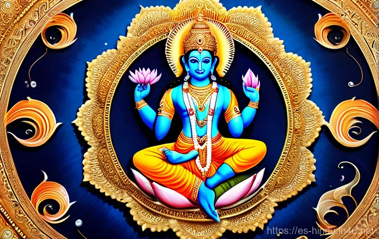힌두교 종파 바이슈나바 - Prompt 1: Lord Vishnu, The Cosmic Protector, Reclining on Ananta Shesha**