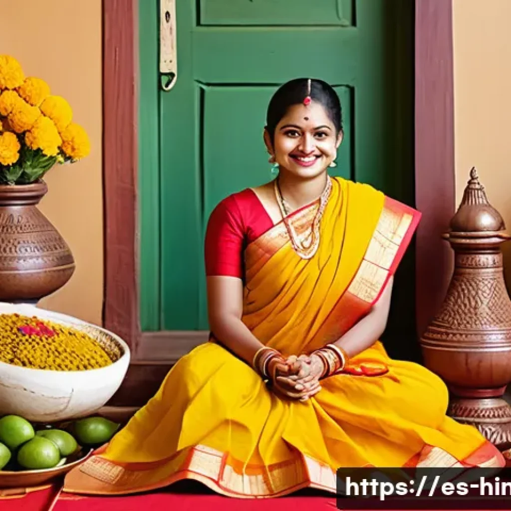 힌두교와 칸나다 문화 - A vibrant Ugadi festival scene in Kannada, featuring families dressed in traditional yellow and red ...