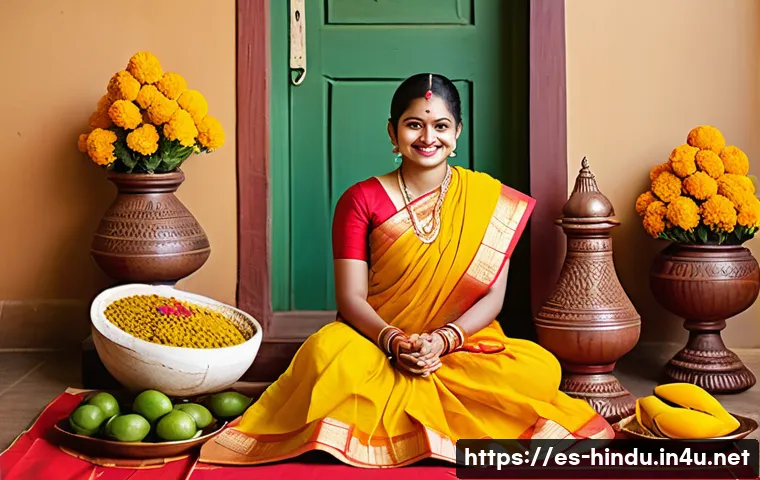힌두교와 칸나다 문화 - A vibrant Ugadi festival scene in Kannada, featuring families dressed in traditional yellow and red ...