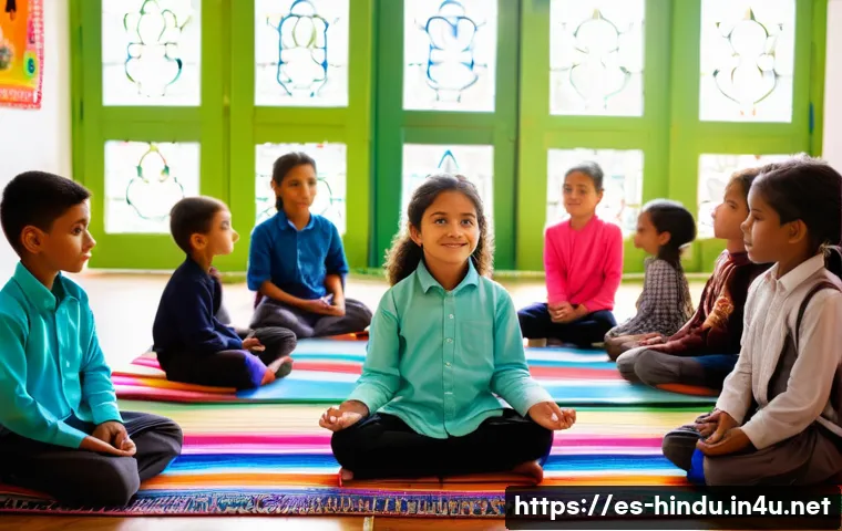 힌두교와 학교 제도 - A diverse group of schoolchildren in a vibrant classroom in Mexico, sitting cross-legged on colorful...