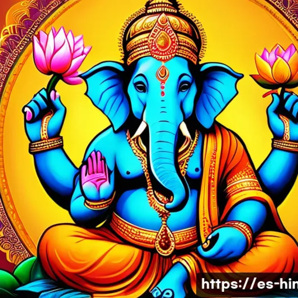 힌두교 가네샤 숭배 - A detailed and vibrant illustration of Ganesha with an elephant head symbolizing wisdom and clarity,...