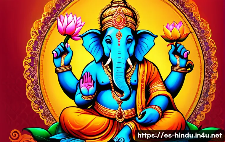힌두교 가네샤 숭배 - A detailed and vibrant illustration of Ganesha with an elephant head symbolizing wisdom and clarity,...