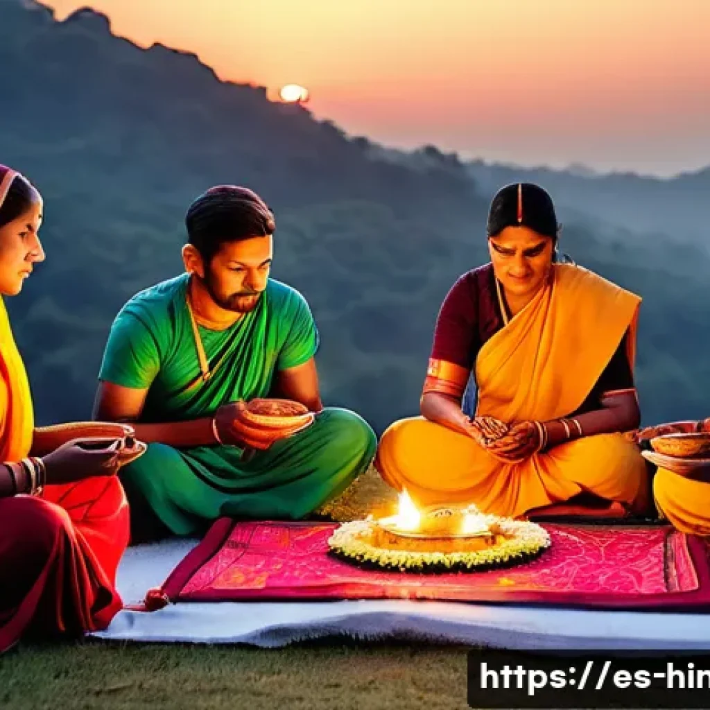 힌두교 철학 미맘사 - A detailed scene of a traditional Hindu ritual ceremony performed outdoors at dawn, featuring a grou...