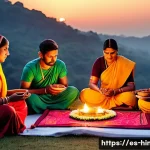 Home 20 힌두교 철학 미맘사 - A detailed scene of a traditional Hindu ritual ceremony performed outdoors at dawn, featuring a grou...