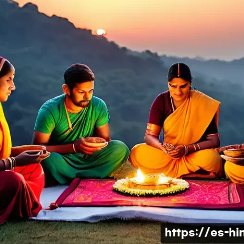 Home 32 힌두교 철학 미맘사 - A detailed scene of a traditional Hindu ritual ceremony performed outdoors at dawn, featuring a grou...