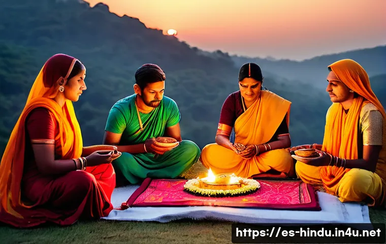 힌두교 철학 미맘사 - A detailed scene of a traditional Hindu ritual ceremony performed outdoors at dawn, featuring a grou...