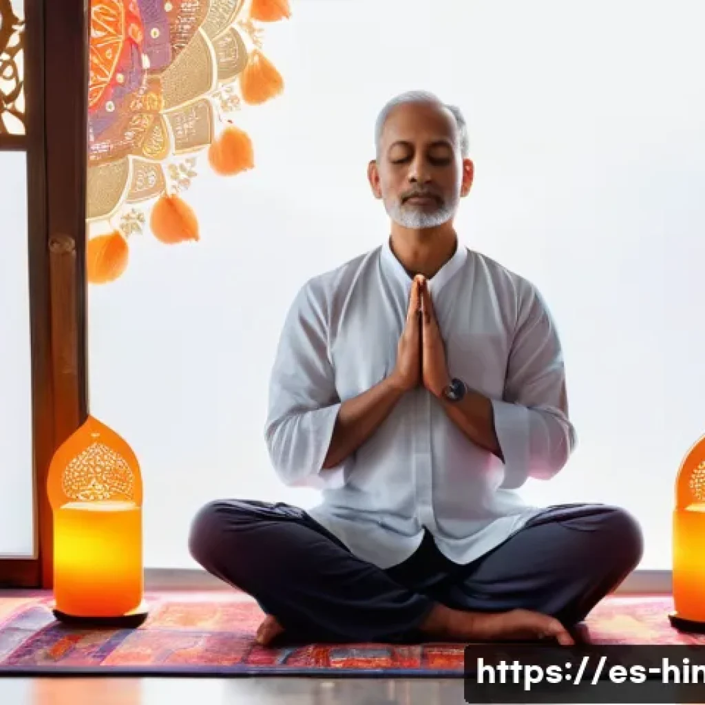힌두교 명상 전통 - A serene Hindu meditation scene set in a traditional Indian home altar, featuring a middle-aged pers...