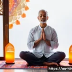 Home 19 힌두교 명상 전통 - A serene Hindu meditation scene set in a traditional Indian home altar, featuring a middle-aged pers...