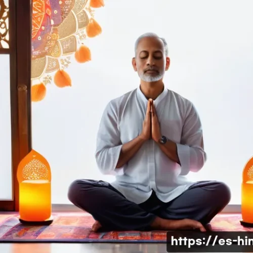 Home 31 힌두교 명상 전통 - A serene Hindu meditation scene set in a traditional Indian home altar, featuring a middle-aged pers...