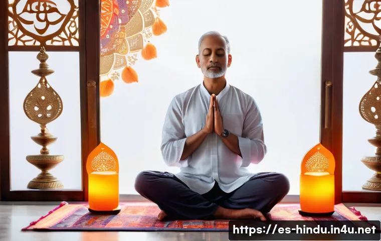 힌두교 명상 전통 - A serene Hindu meditation scene set in a traditional Indian home altar, featuring a middle-aged pers...