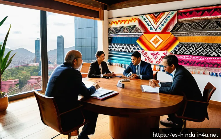 힌두교와 글로벌 경제 - A vibrant business meeting scene in Mexico City featuring diverse professionals in business attire d...