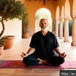 Home 23 힌두교와 종교 철학 - A serene meditation scene in a sunlit Spanish courtyard surrounded by vibrant bougainvillea and oliv...