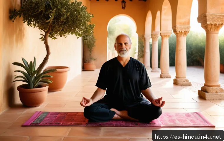 힌두교와 종교 철학 - A serene meditation scene in a sunlit Spanish courtyard surrounded by vibrant bougainvillea and oliv...