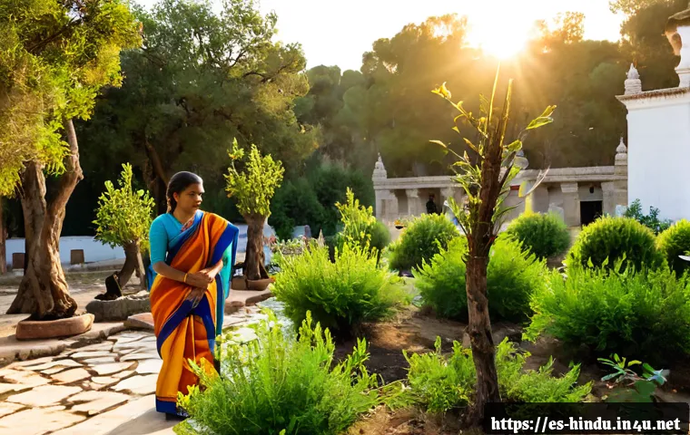 힌두교와 환경보호 - Photorealistic sunrise scene at a Hindu temple garden in Spain, diverse Spanish Hindu community volu...