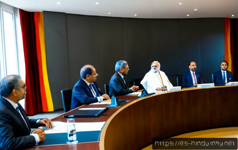 힌두교와 유엔 - Photorealistic international dialogue in a bright United Nations-inspired conference hall in Madrid,...