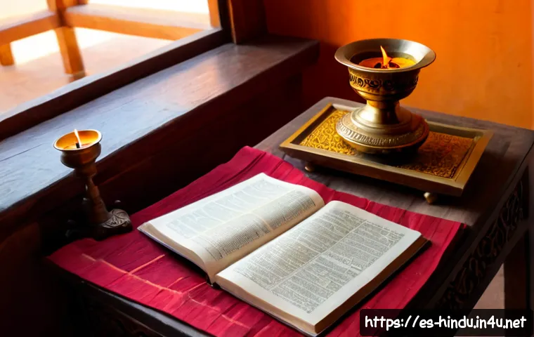 힌두교 신성한 책 - Photorealistic still life of sacred Hindu scripture manuscripts resting on a carved wooden reading s...